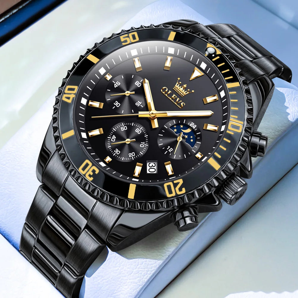 Waterproof Moon Phase Quartz Wristwatch - All Black