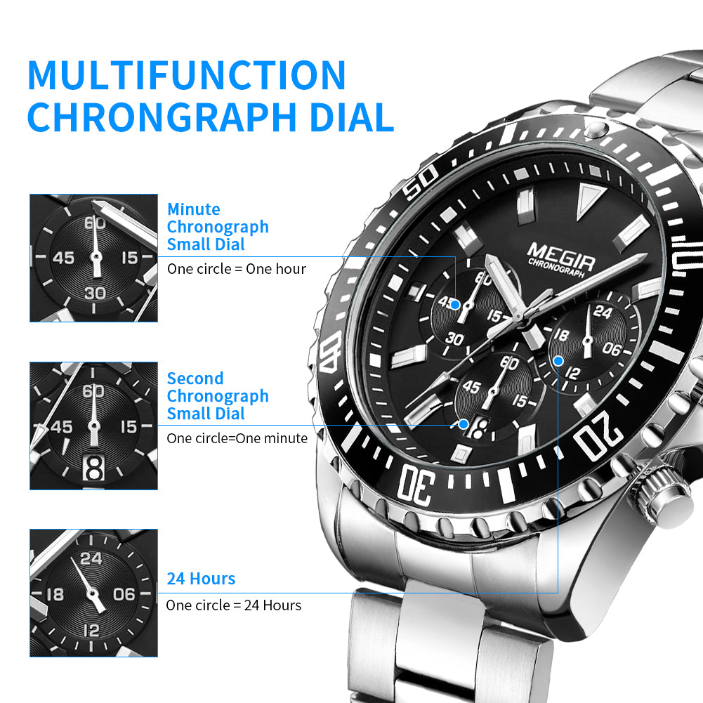 MEGIR Original Luxury Business Quartz Watch Men Brand Stainless Steel Chronograph Military WristWatch Clock Relogio Masculino